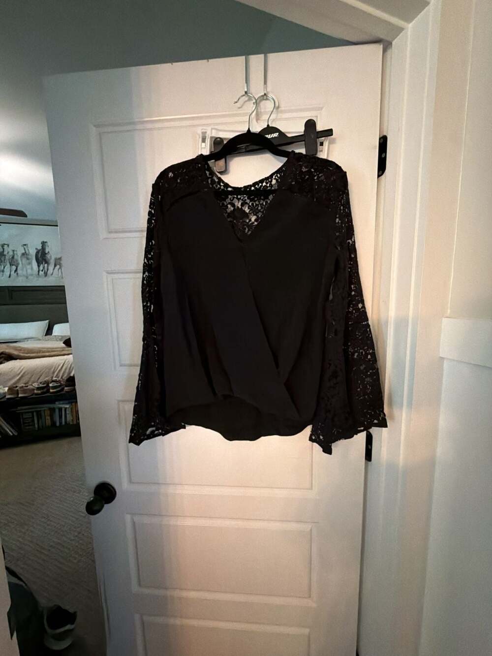 Bailey 44 Black Lace Bell Sleeve Wrap Blouse Size Medium